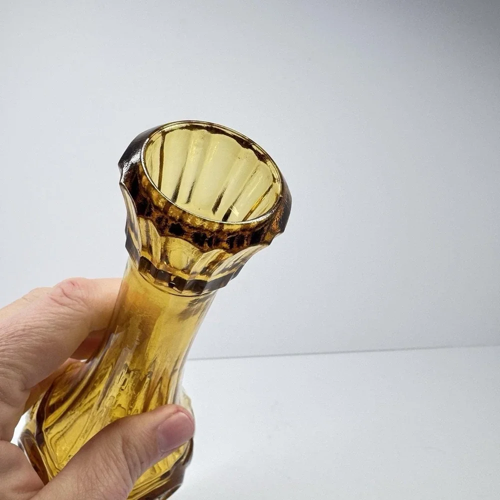 Vintage Amber Glass Bottle Vase Hand Painted Floral Panels Narrow Neck Decor‎